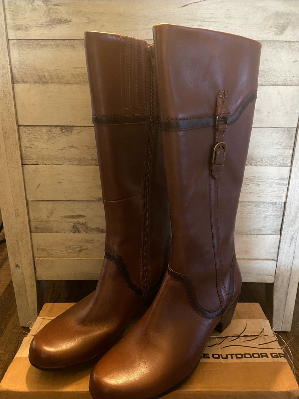 Clarks Brown Leather Knee-High Buckle Boots